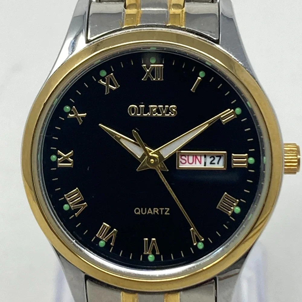 Olevs Women's Watch 29mm Silver Gold Tone Day Date Black Dial New Battery 6.25